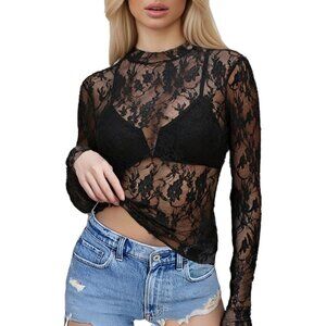 🆕Women Black Polyester Lace Sheer Long Sleeve Top Sexy See Through Y2K Blouse